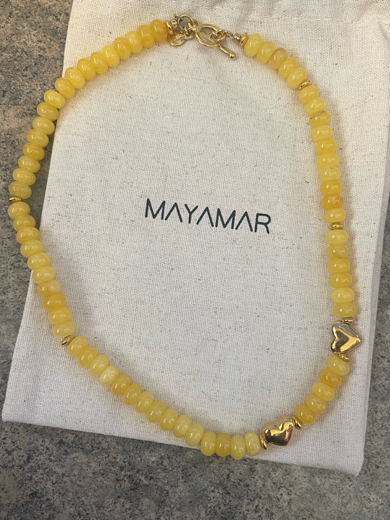 Mayamar Yellow Beaded Necklace With Gold Heart Accents